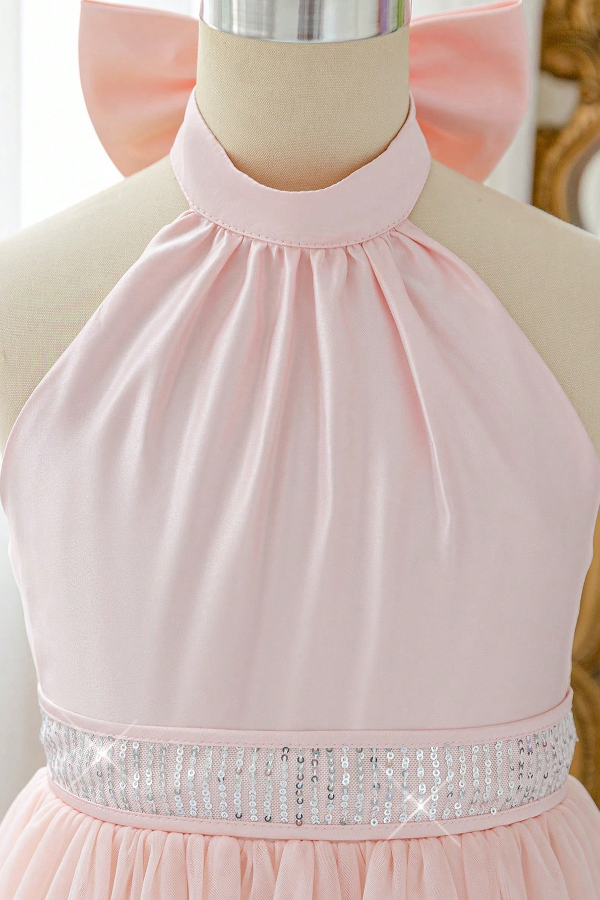 Light Pink Tulle Halter Satin Bow A-Line Formal Dress