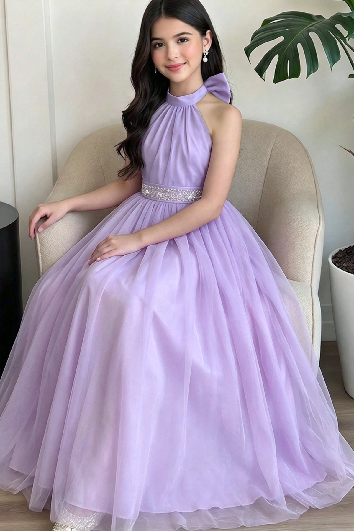 Light Pink Tulle Halter Satin Bow A-Line Formal Dress