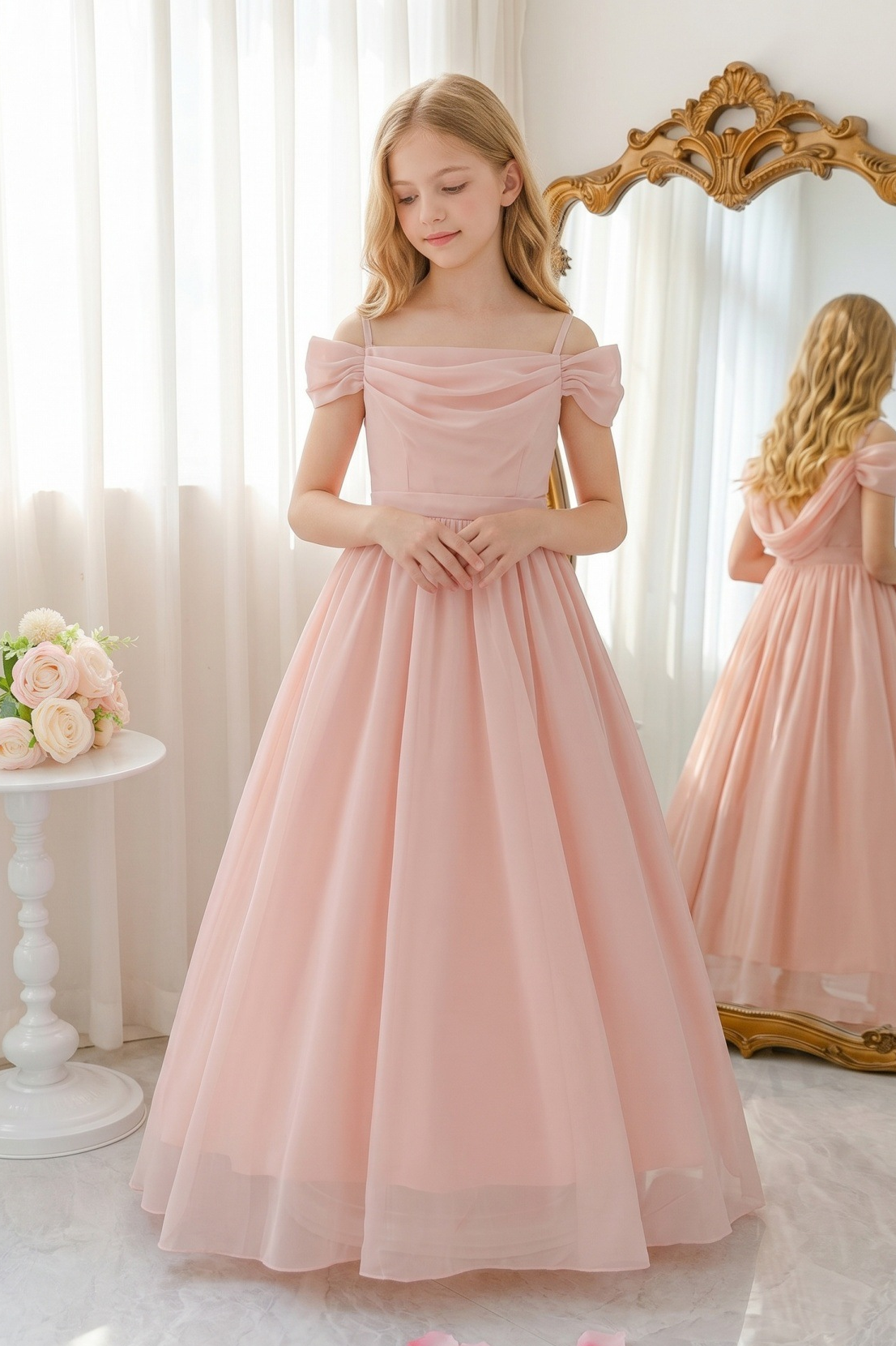 Light Pink Chiffon Off Shoulder Draped A-Line Dress