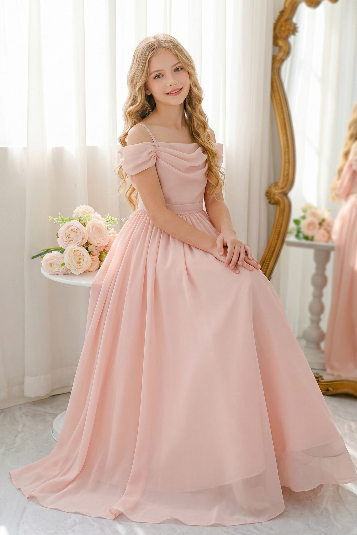 Light Pink Chiffon Off Shoulder Draped A-Line Dress