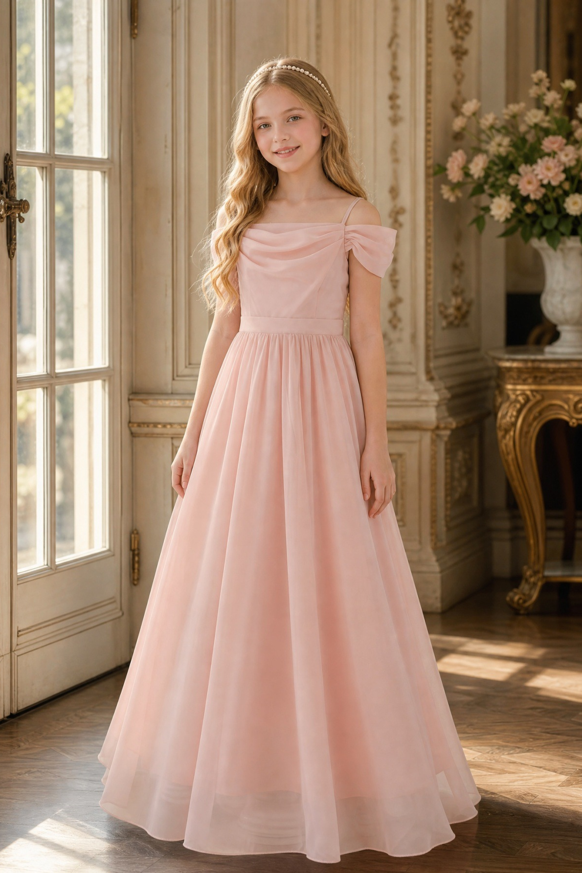 Light Pink Chiffon Off Shoulder Draped A-Line Dress