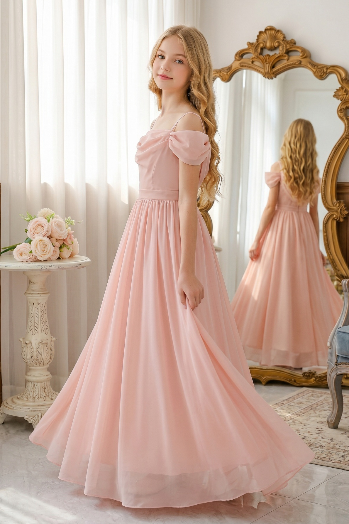 Light Pink Chiffon Off Shoulder Draped A-Line Dress