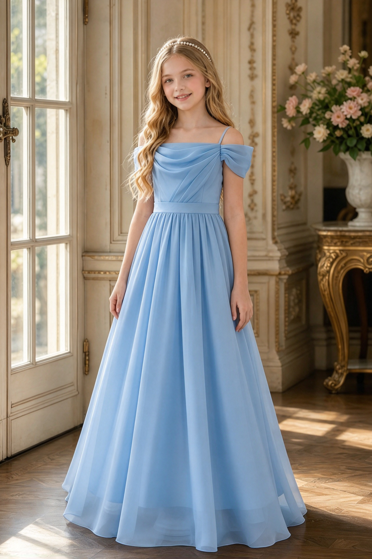 Light Pink Chiffon Off Shoulder Draped A-Line Dress