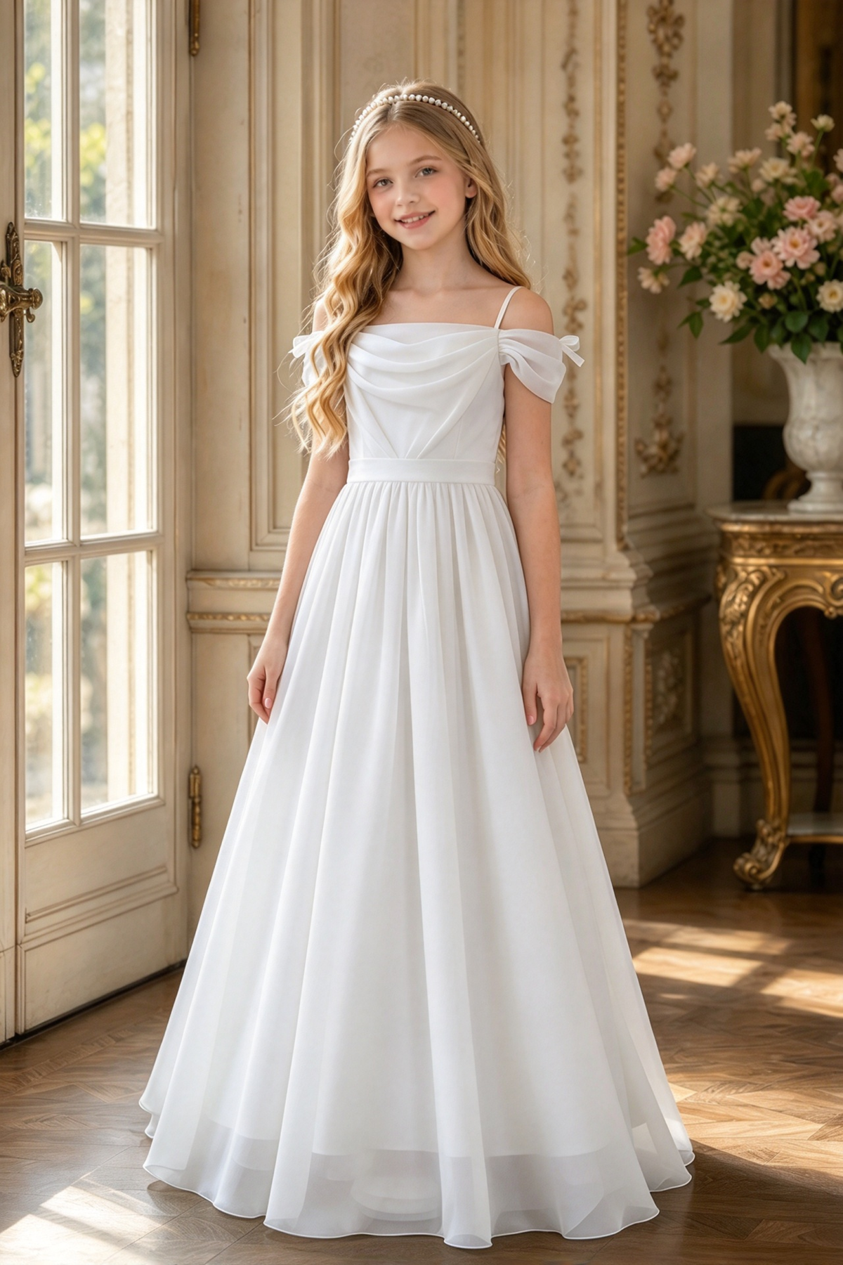Light Pink Chiffon Off Shoulder Draped A-Line Dress