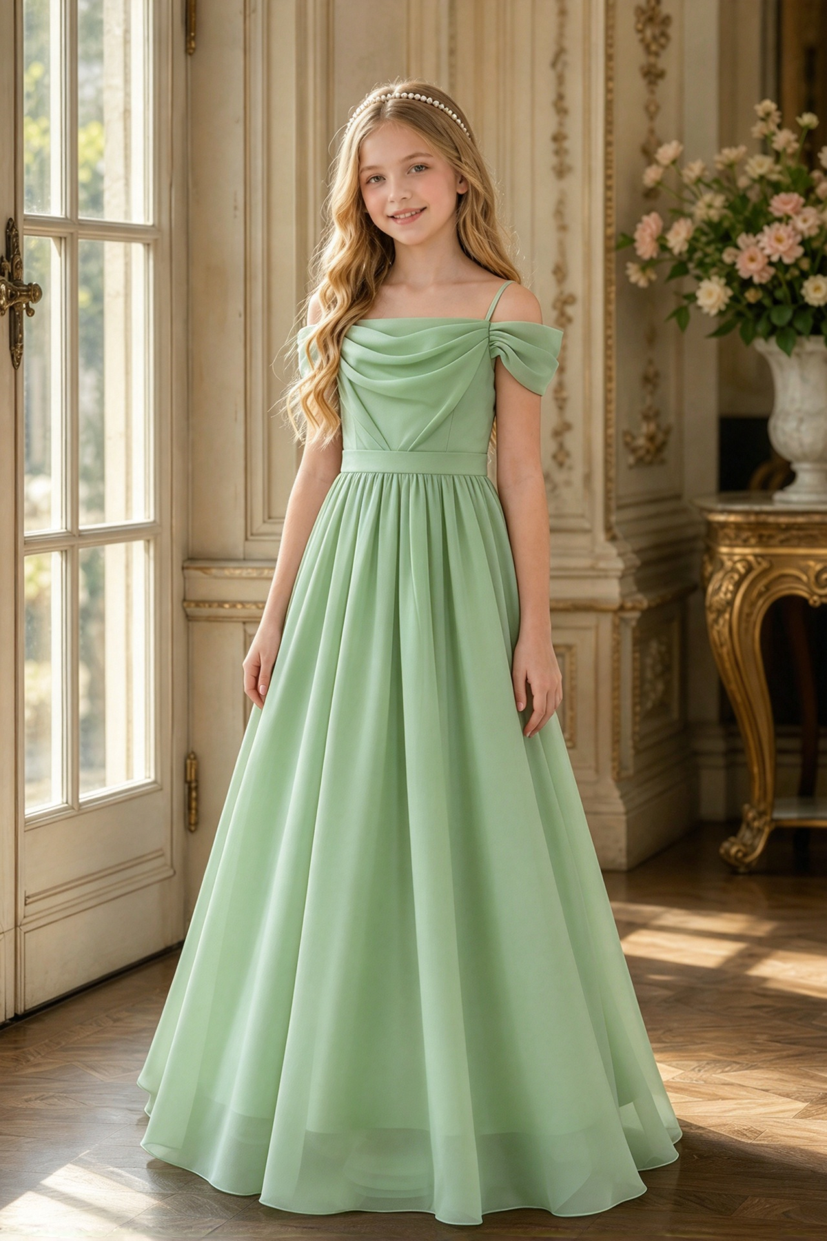 Light Pink Chiffon Off Shoulder Draped A-Line Dress