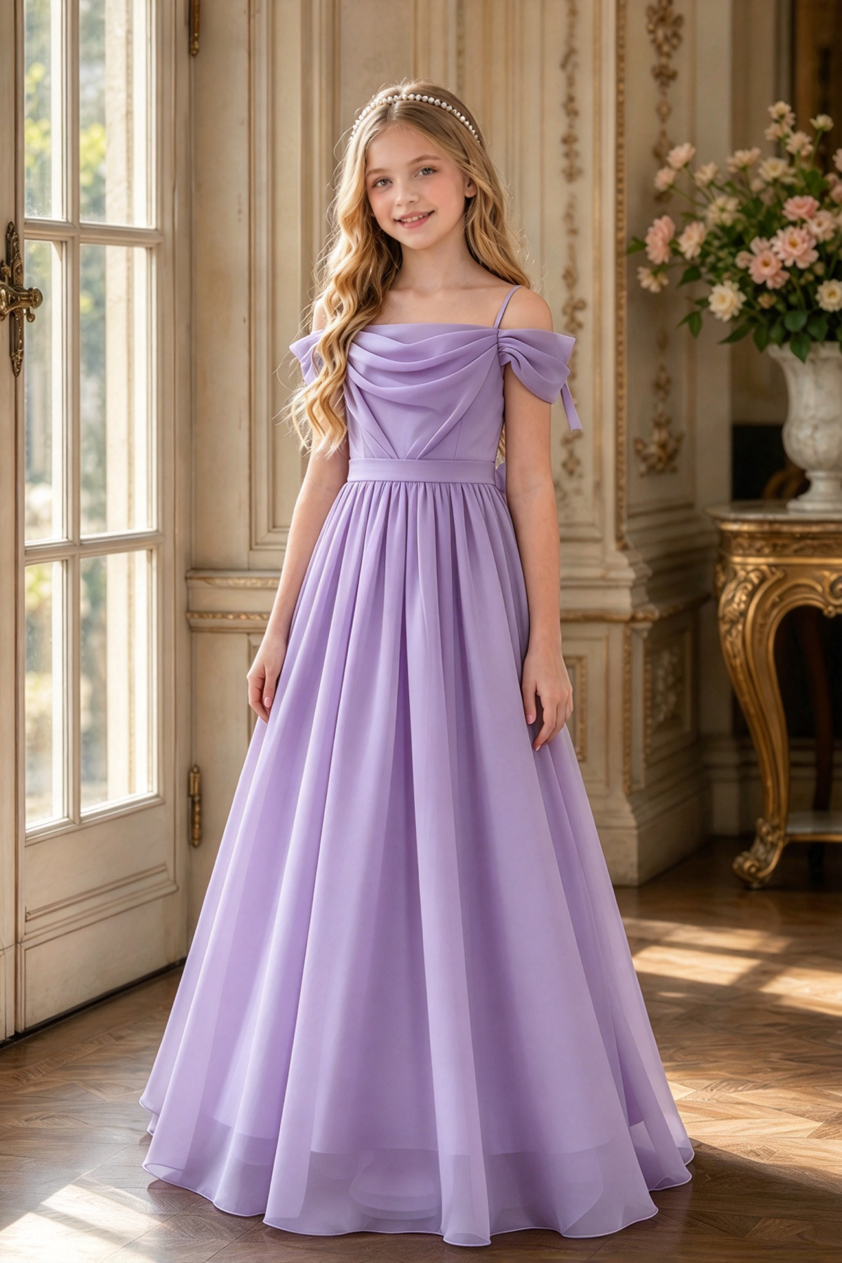 Light Pink Chiffon Off Shoulder Draped A-Line Dress