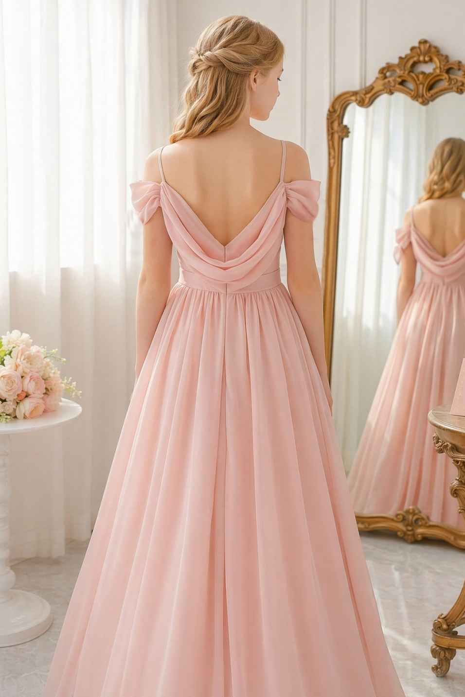 Light Pink Chiffon Off Shoulder Draped A-Line Dress