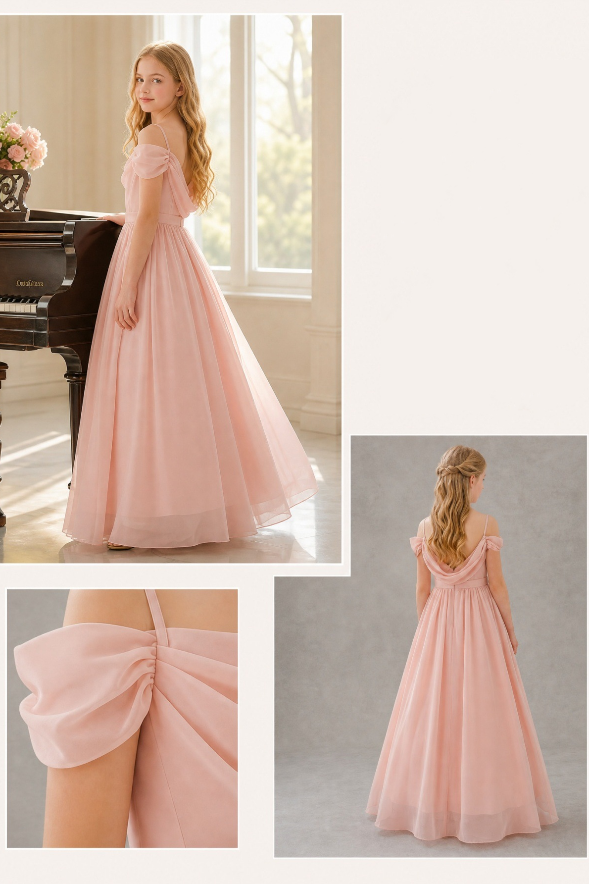 Light Pink Chiffon Off Shoulder Draped A-Line Dress
