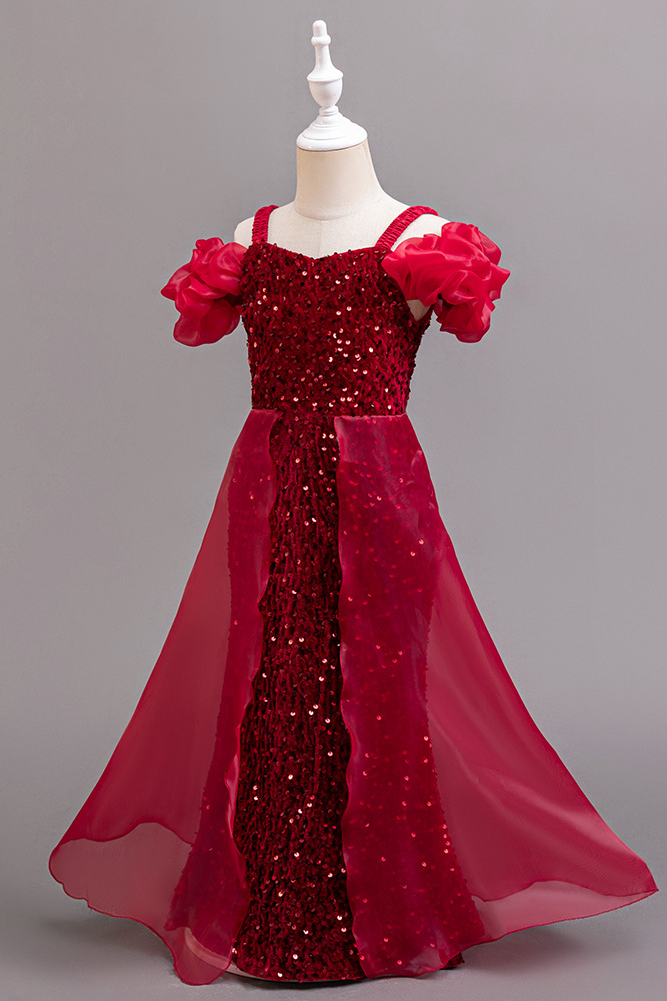 Burgundy Off Shoulder Sequin Velvet Organza A-Line Dress