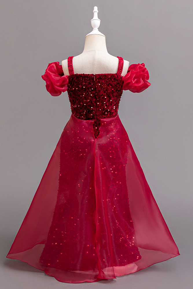 Burgundy Off Shoulder Sequin Velvet Organza A-Line Dress