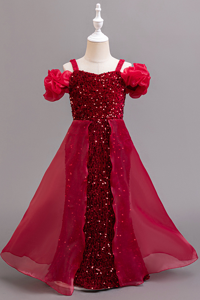 Burgundy Off Shoulder Sequin Velvet Organza A-Line Dress