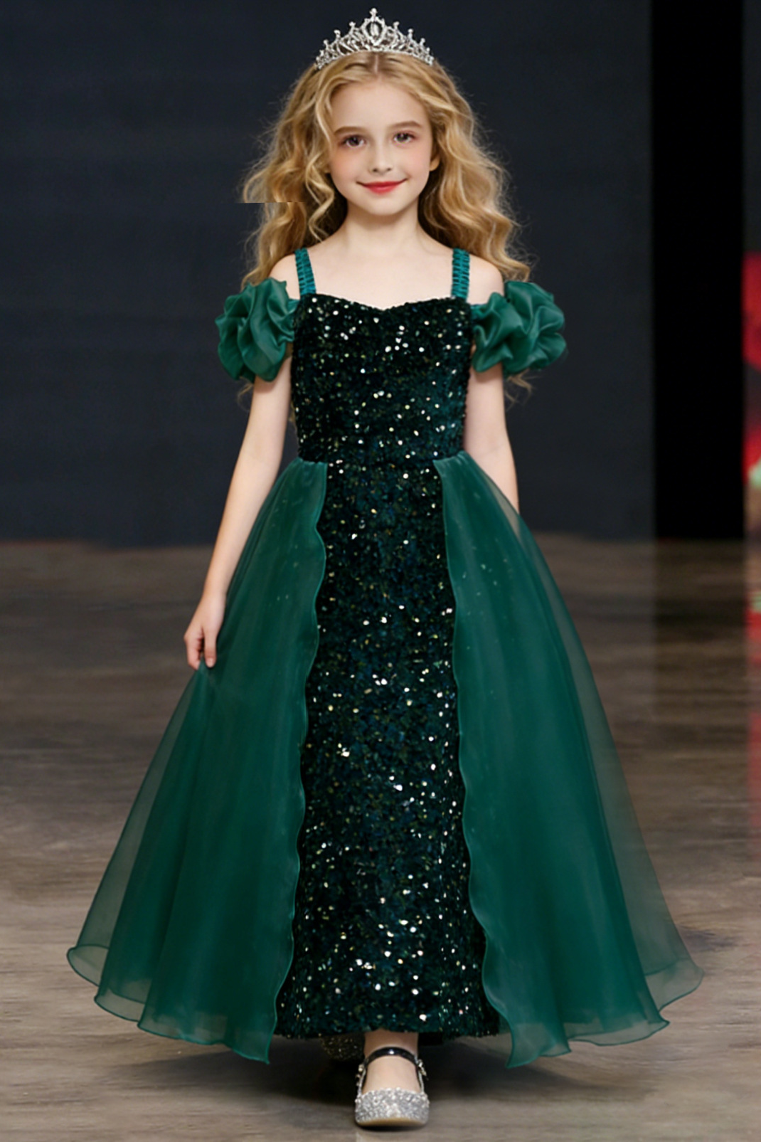 Burgundy Off Shoulder Sequin Velvet Organza A-Line Dress