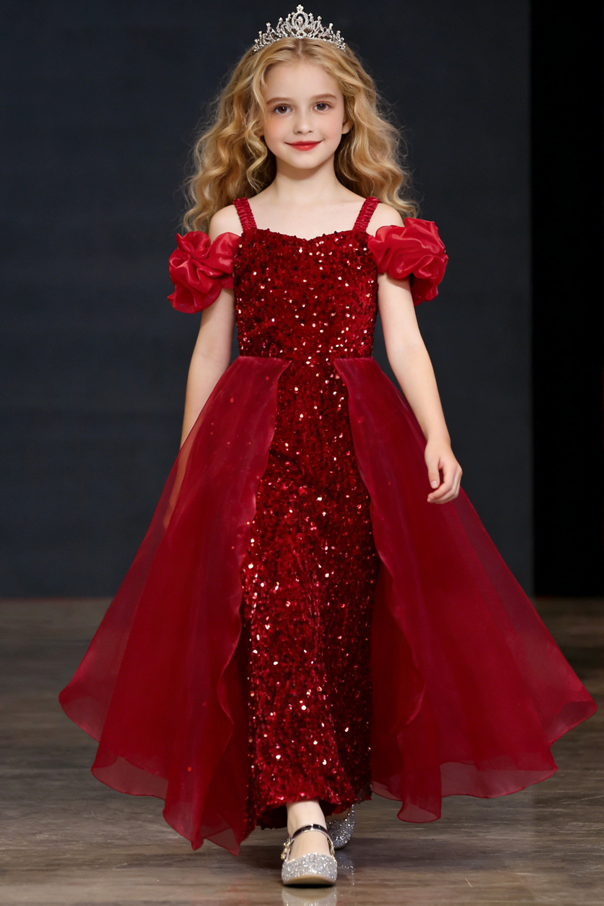 Burgundy Off Shoulder Sequin Velvet Organza A-Line Dress