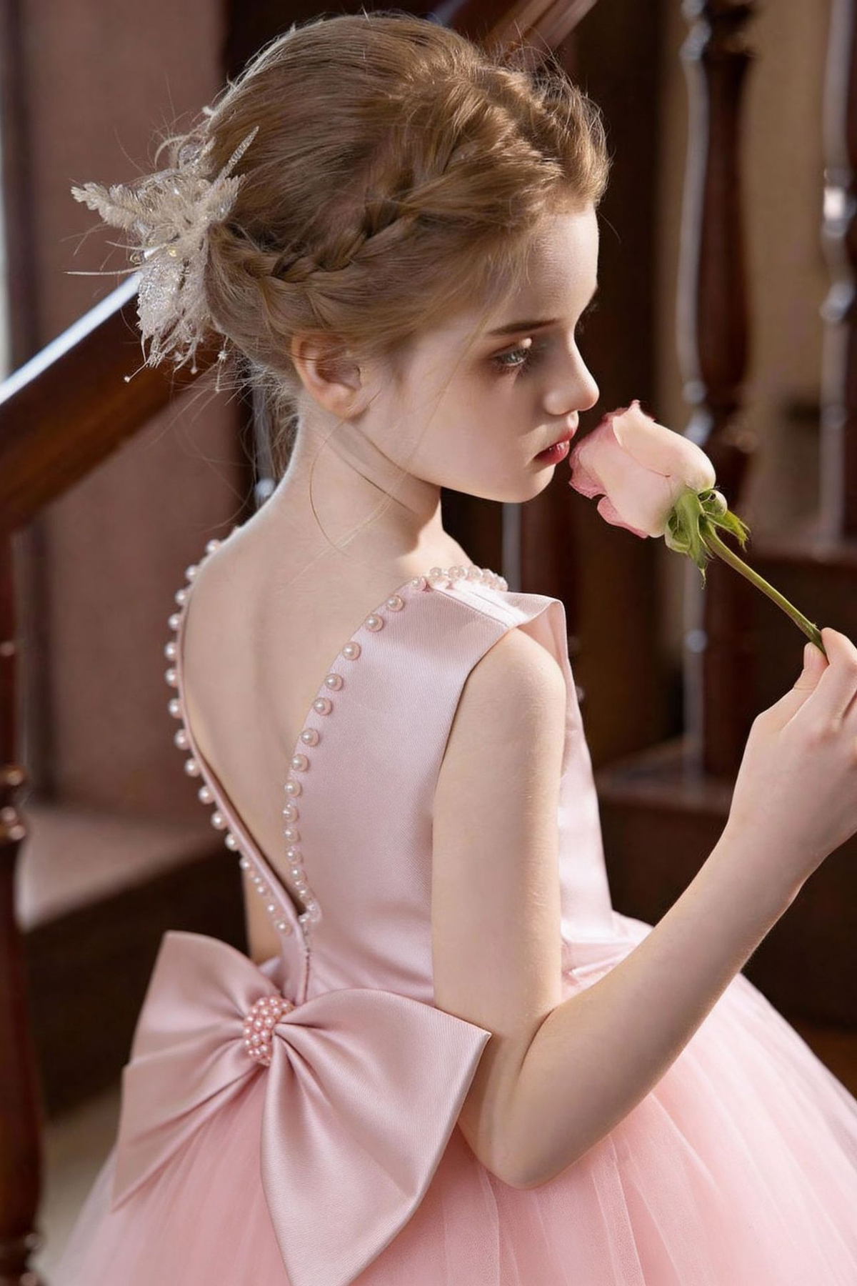 Light Pink Sleeveless Pearl Satin Bow Tulle A-Line Flower Girl Dress