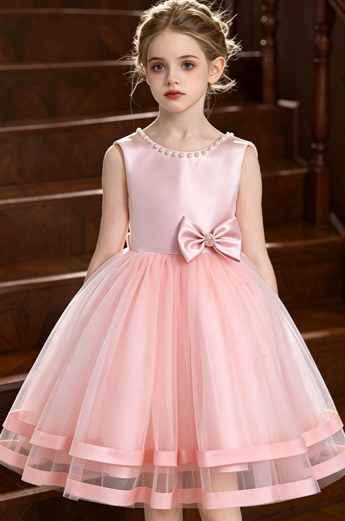 Light Pink Sleeveless Pearl Satin Bow Tulle A-Line Flower Girl Dress