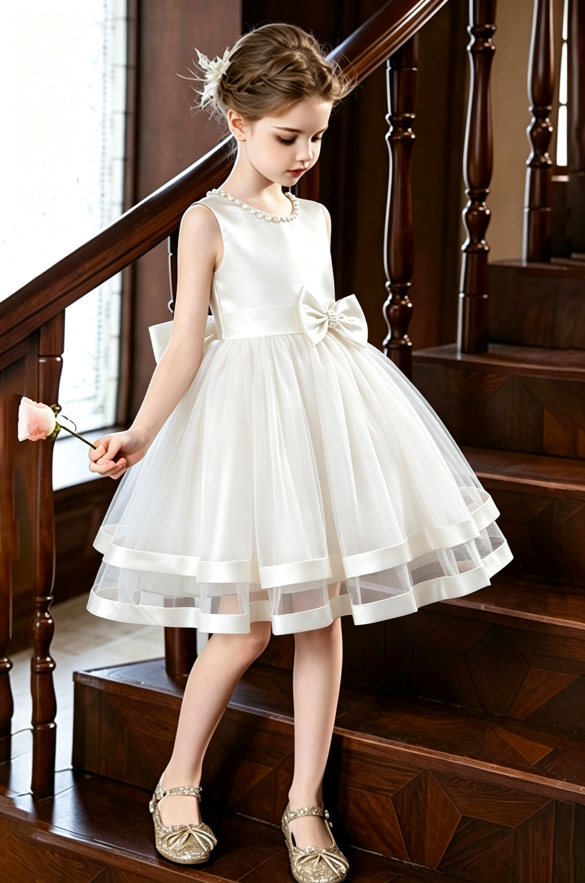 Light Pink Sleeveless Pearl Satin Bow Tulle A-Line Flower Girl Dress