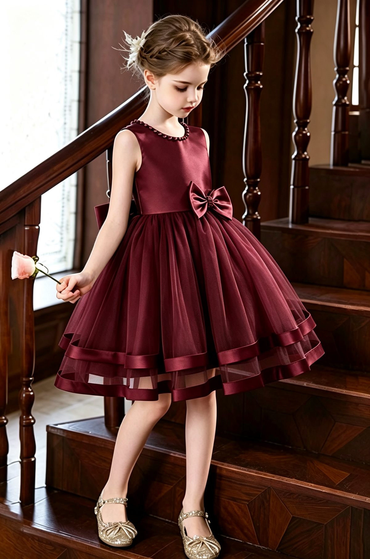 Light Pink Sleeveless Pearl Satin Bow Tulle A-Line Flower Girl Dress