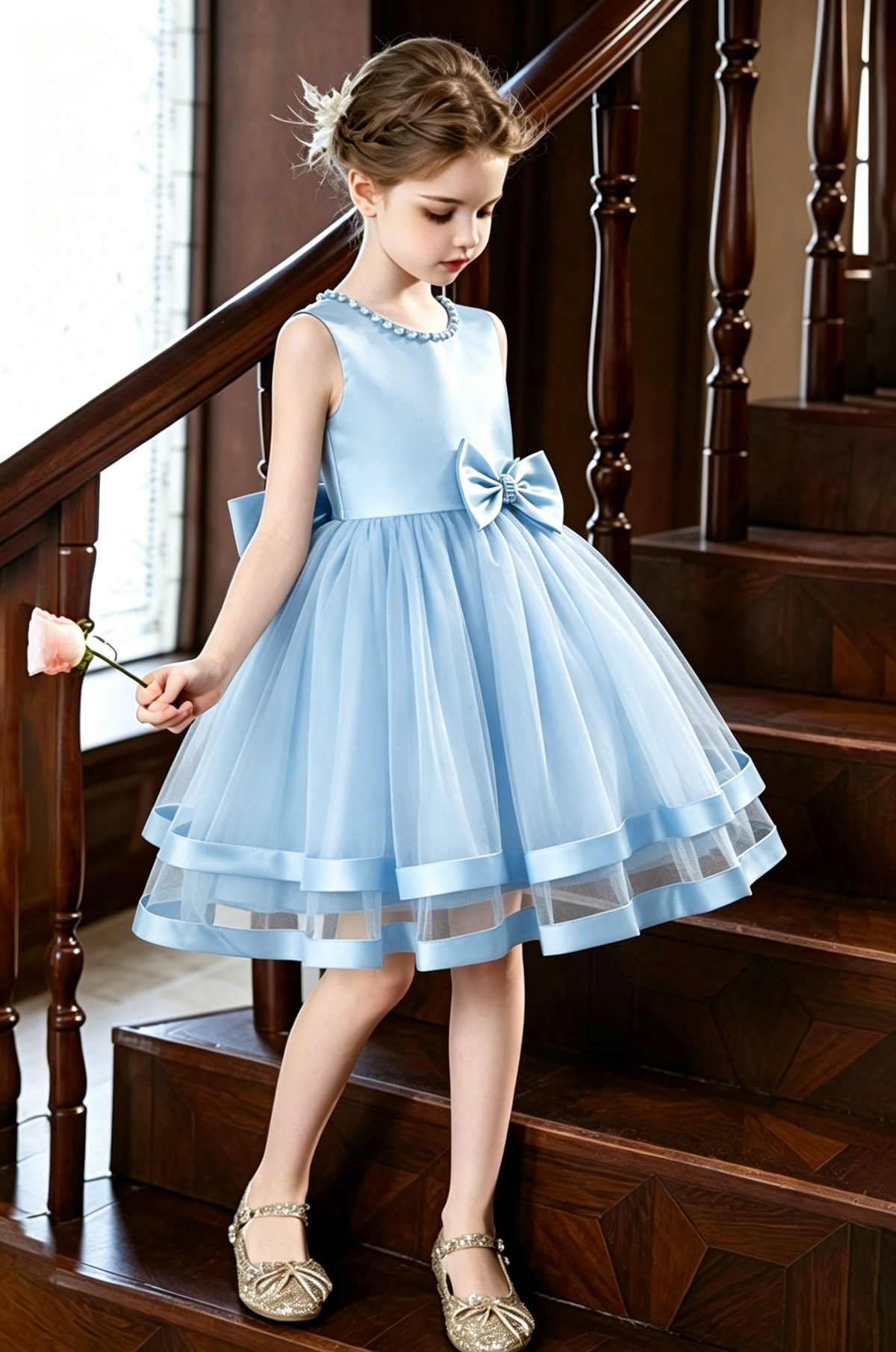 Light Pink Sleeveless Pearl Satin Bow Tulle A-Line Flower Girl Dress