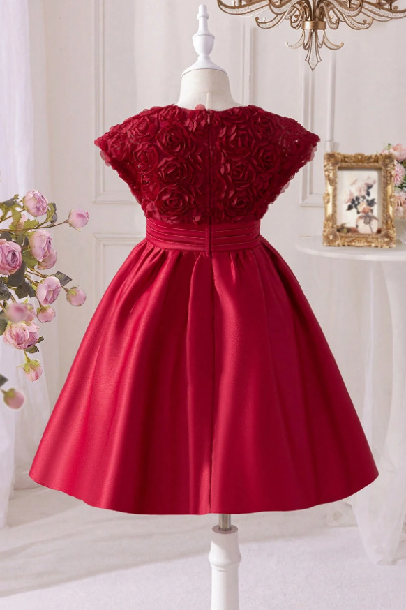 Burgundy V-Neck 3D Rose Satin A-Line Flower Girl Dress