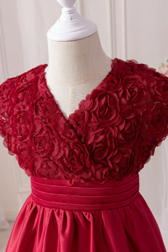Burgundy V-Neck 3D Rose Satin A-Line Flower Girl Dress