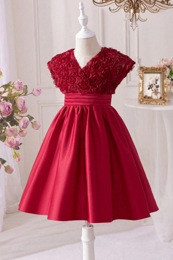 Burgundy V-Neck 3D Rose Satin A-Line Flower Girl Dress