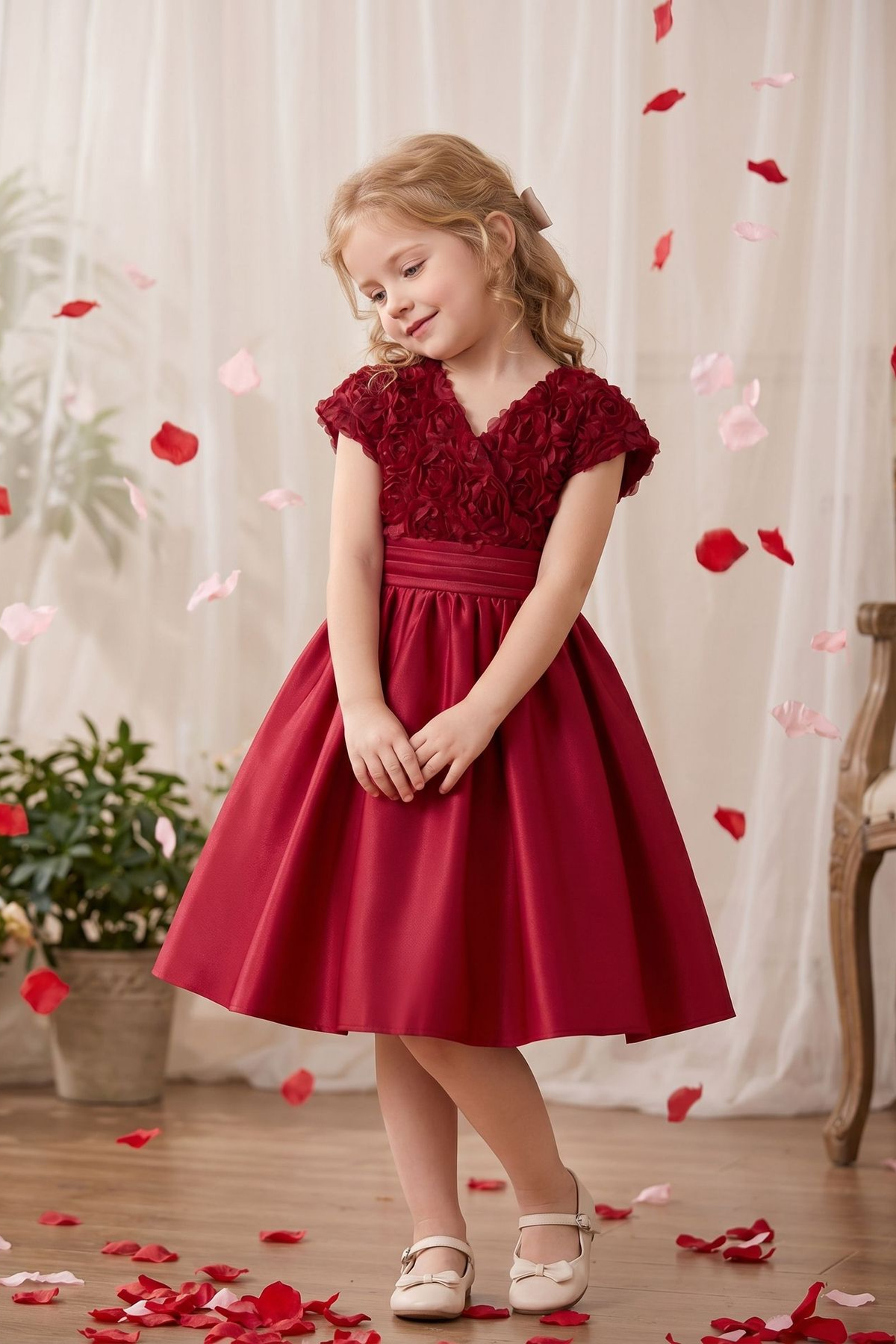 Burgundy V-Neck 3D Rose Satin A-Line Flower Girl Dress