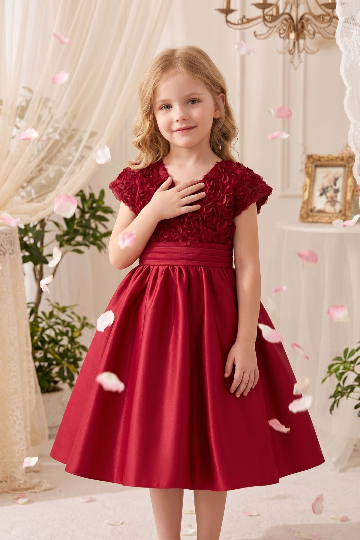 Burgundy V-Neck 3D Rose Satin A-Line Flower Girl Dress