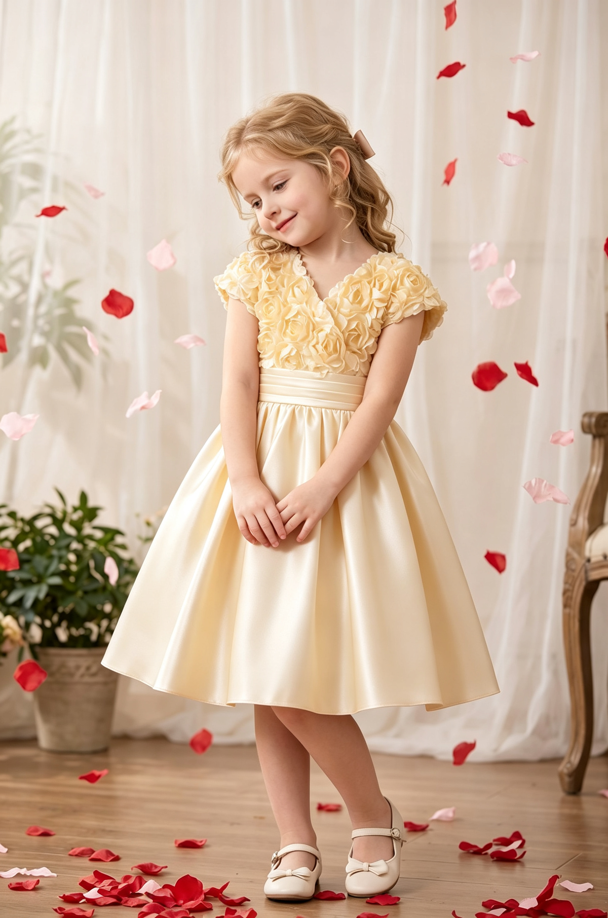 Burgundy V-Neck 3D Rose Satin A-Line Flower Girl Dress