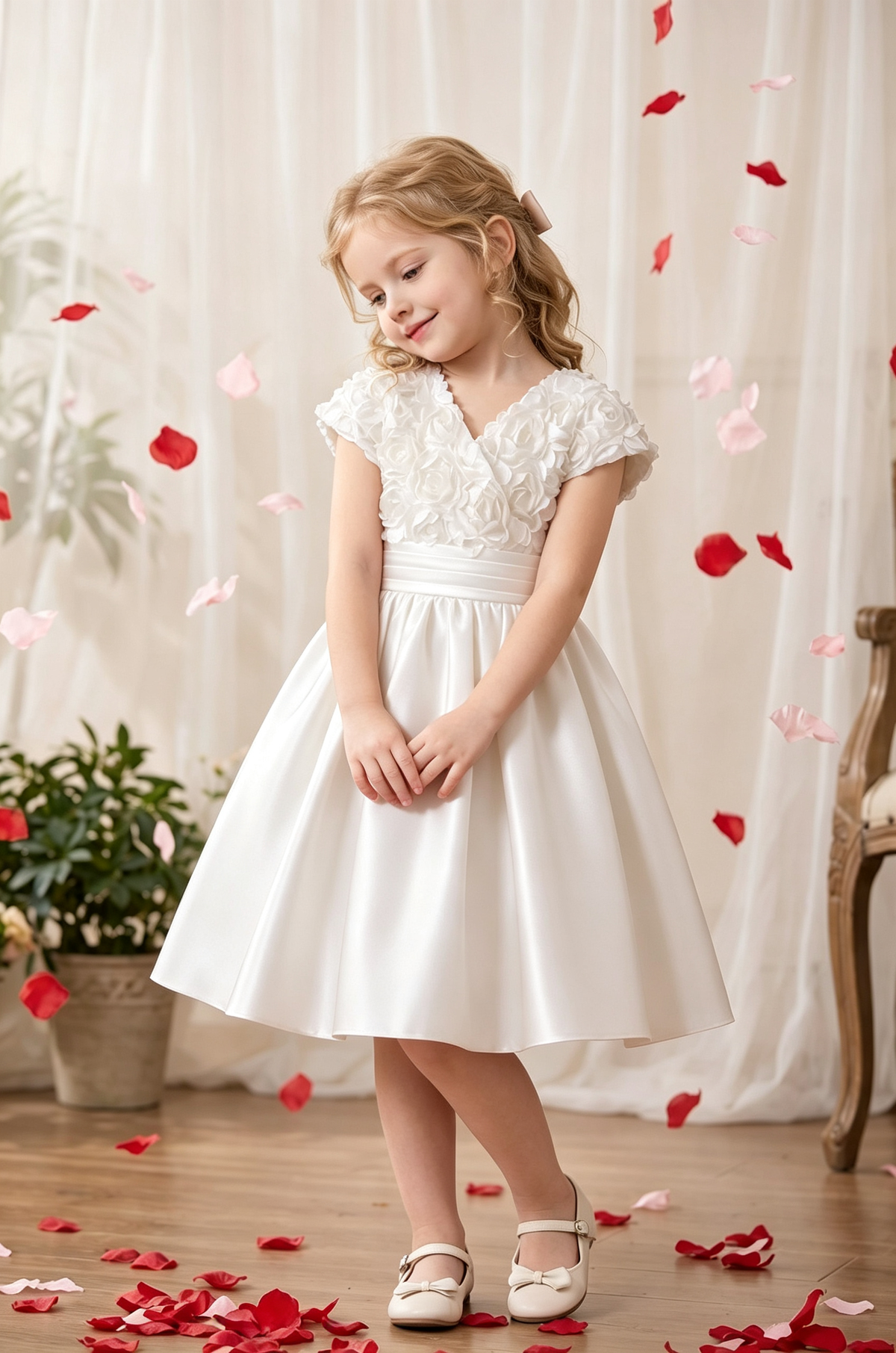 Burgundy V-Neck 3D Rose Satin A-Line Flower Girl Dress