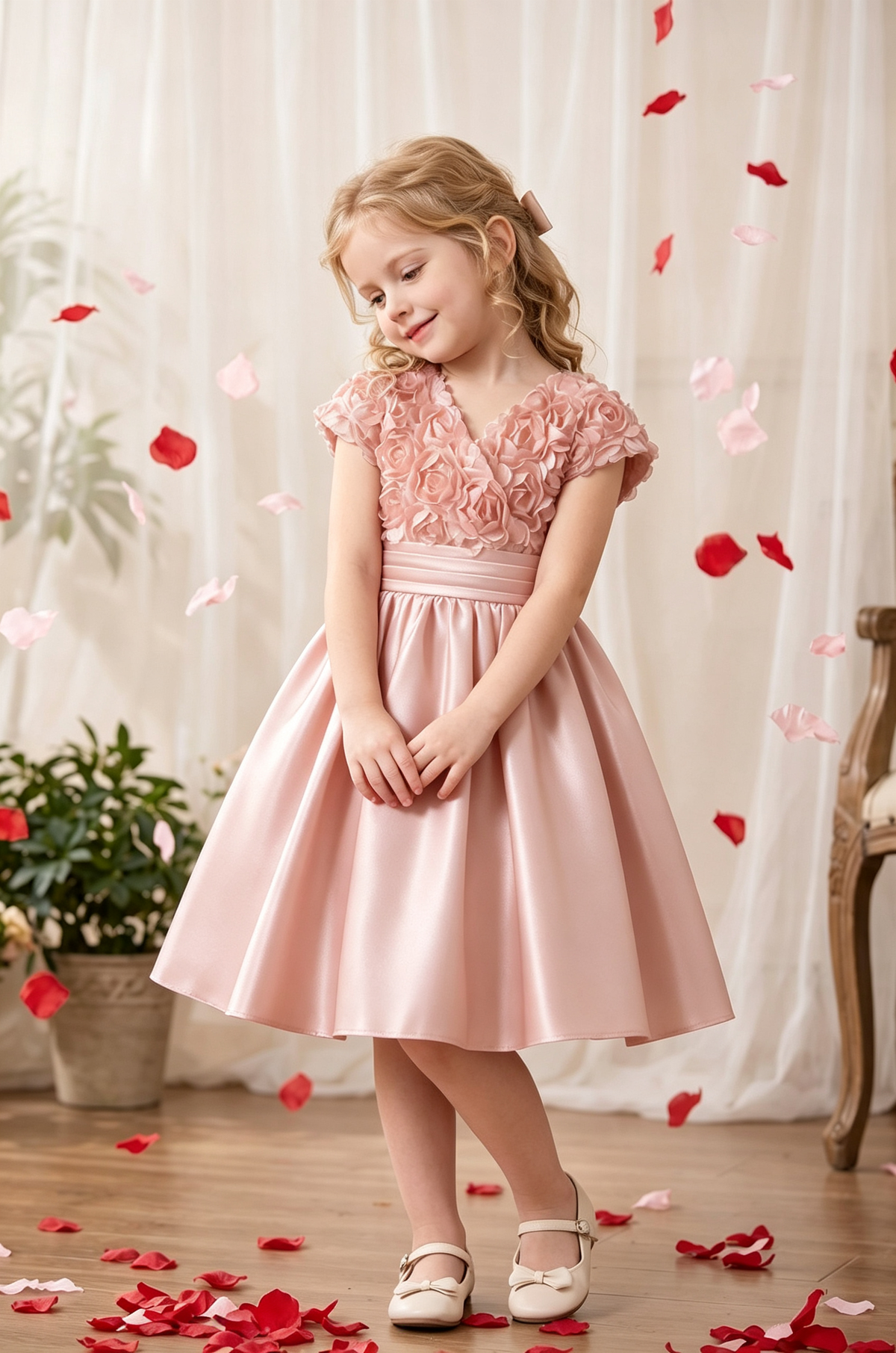 Burgundy V-Neck 3D Rose Satin A-Line Flower Girl Dress