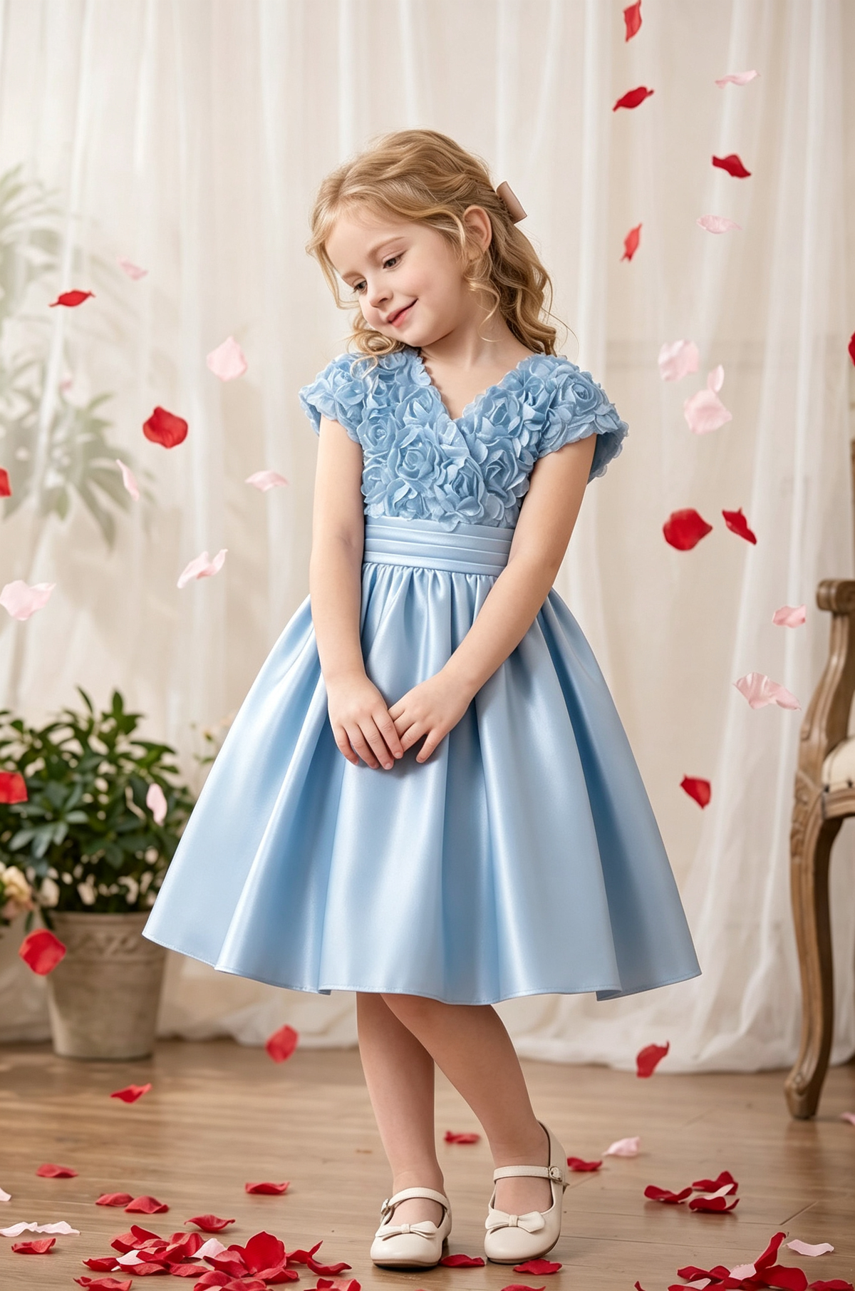 Burgundy V-Neck 3D Rose Satin A-Line Flower Girl Dress