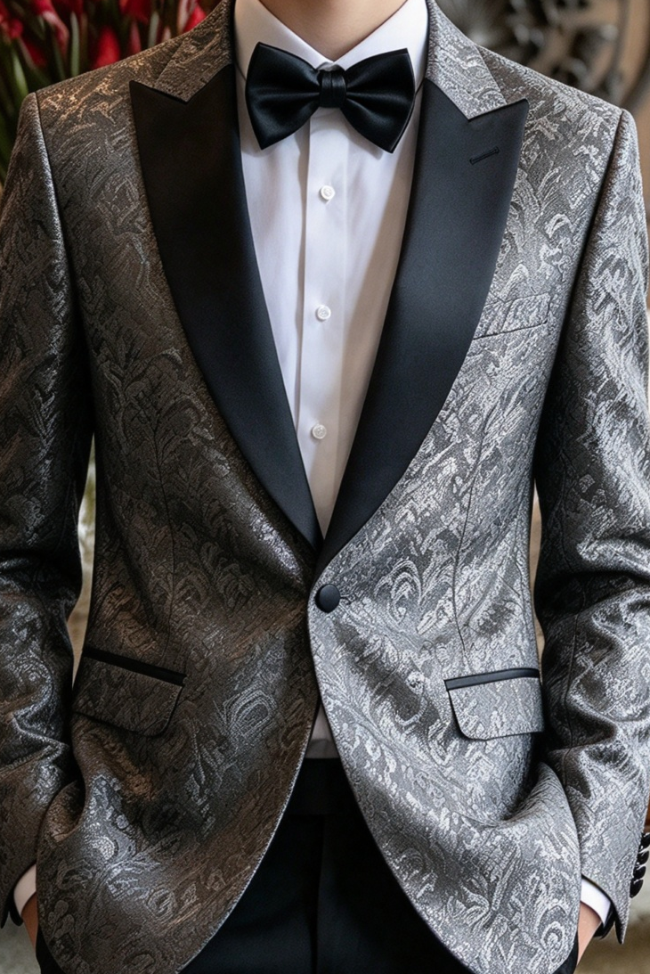 Grey & Black Jacquard Single Breasted Suit 2-Piece Set