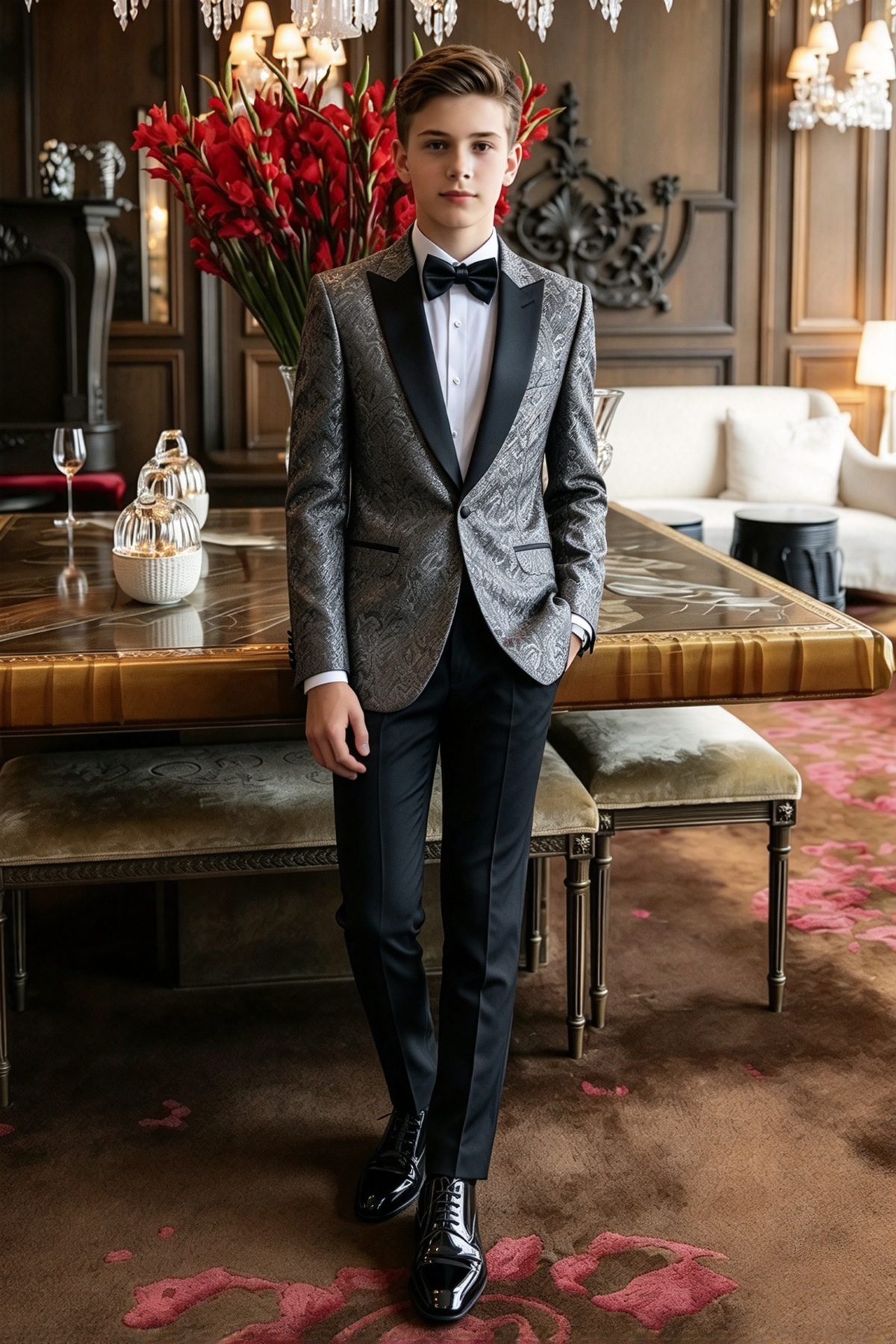 Grey & Black Jacquard Single Breasted Suit 2-Piece Set