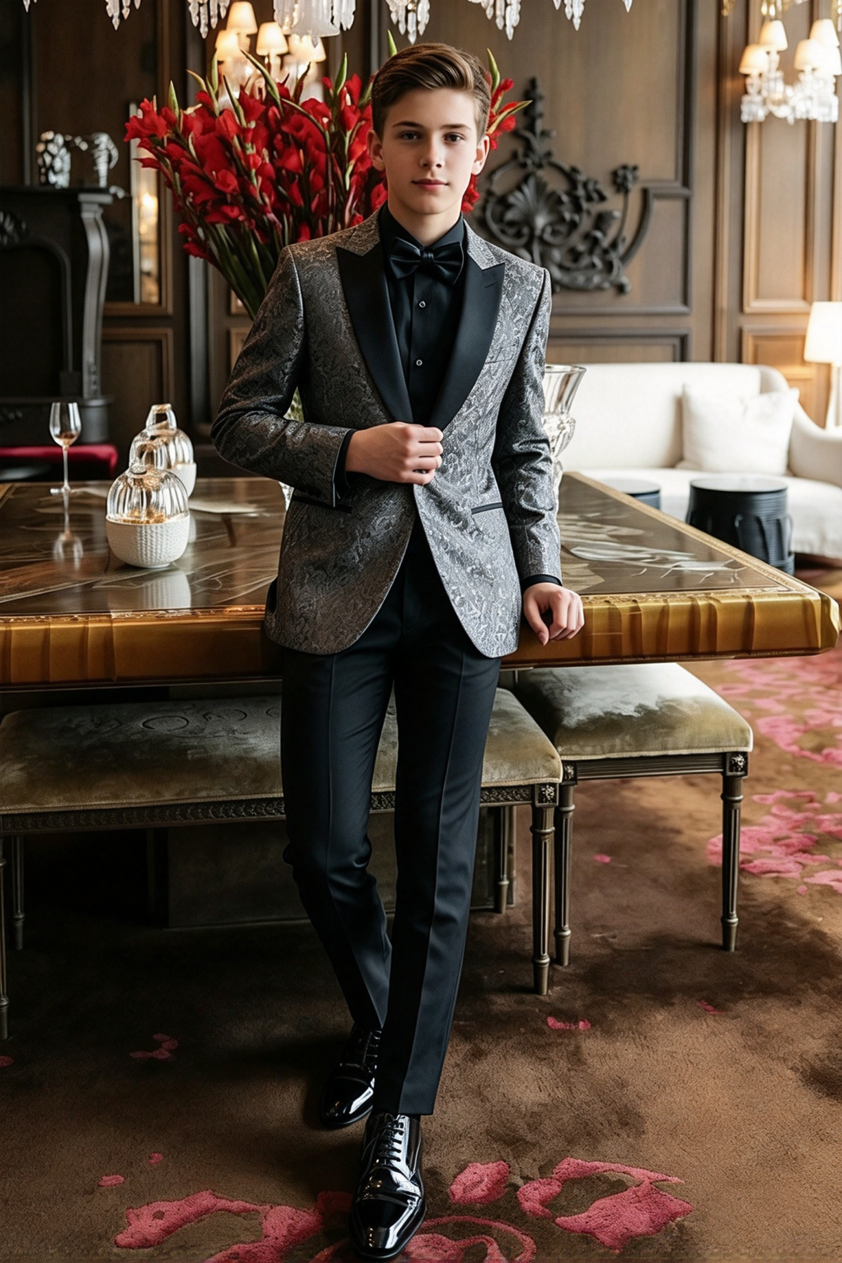 Grey & Black Jacquard Single Breasted Suit 2-Piece Set