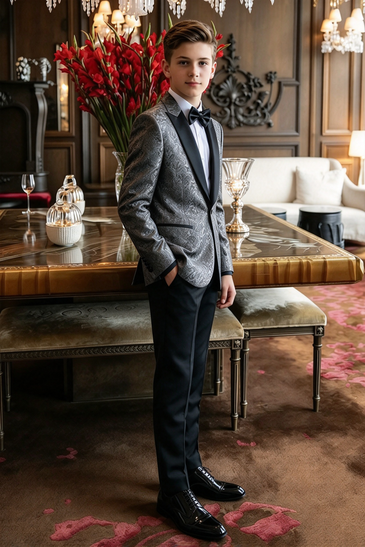 Grey & Black Jacquard Single Breasted Suit 2-Piece Set