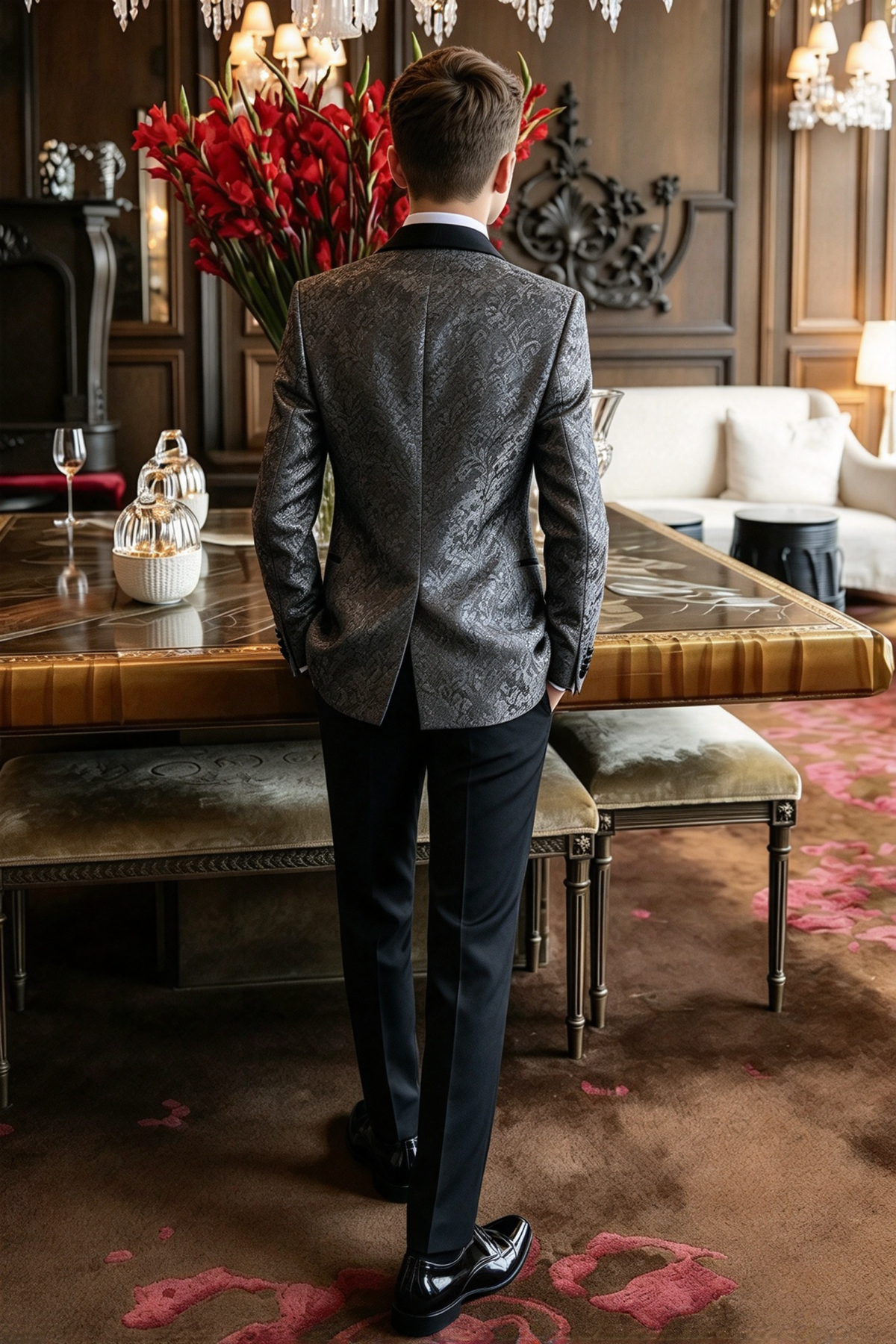 Grey & Black Jacquard Single Breasted Suit 2-Piece Set