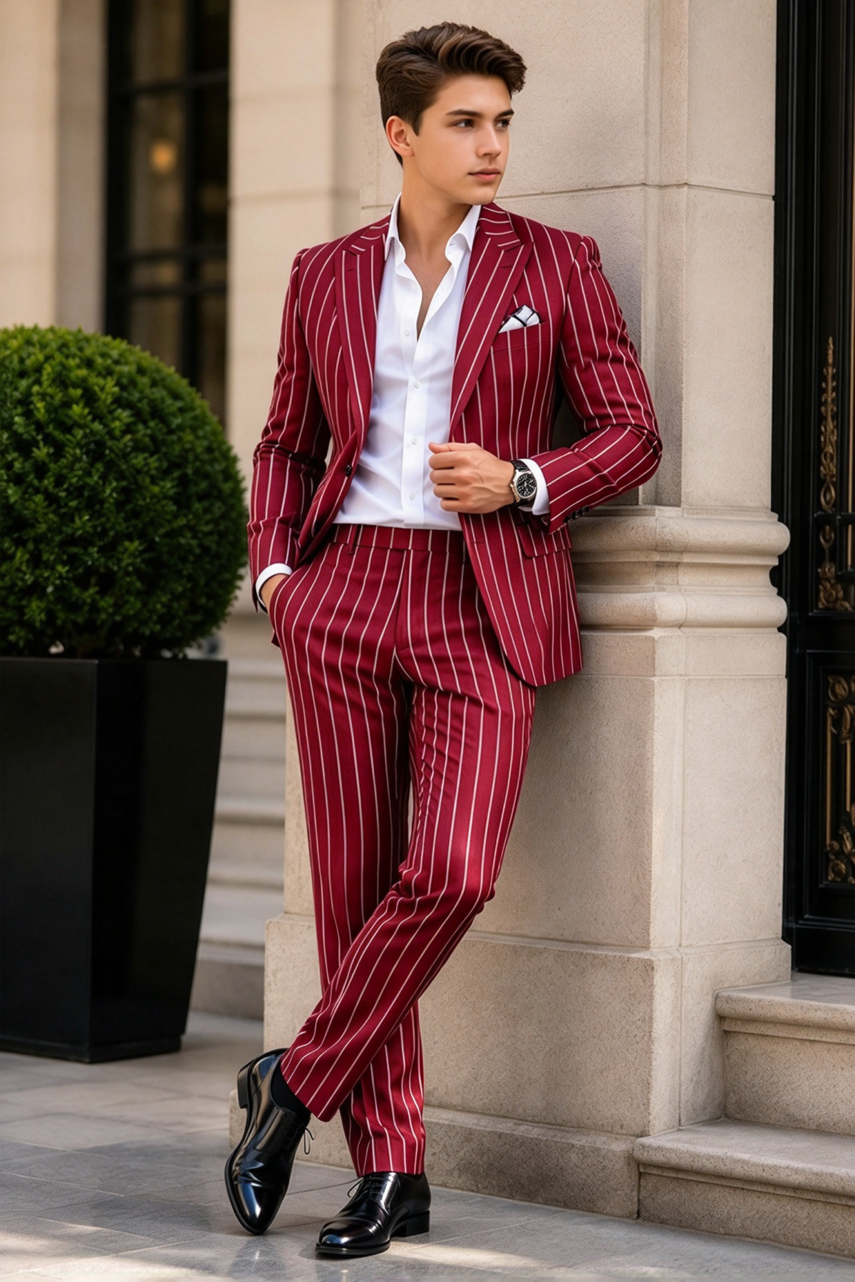Red Pinstripe Single Breasted Suit 2-Piece Set