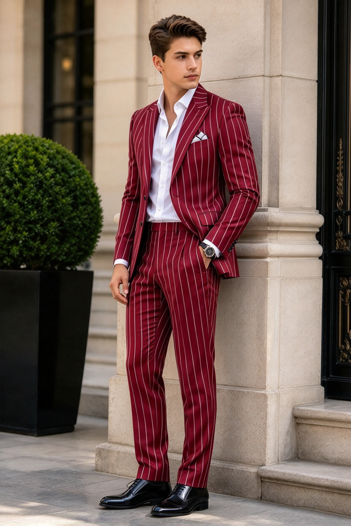 Red Pinstripe Single Breasted Suit 2-Piece Set