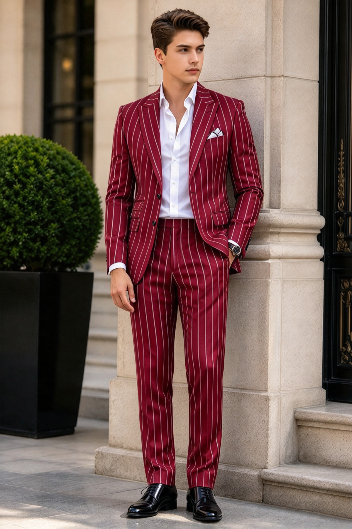 Red Pinstripe Single Breasted Suit 2-Piece Set