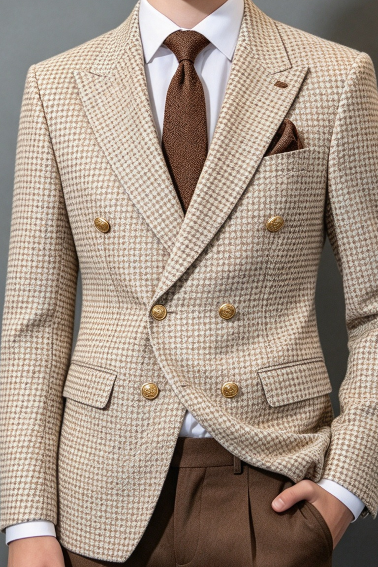 Beige & Brown Houndstooth Double Breasted Suit 2-Piece Set