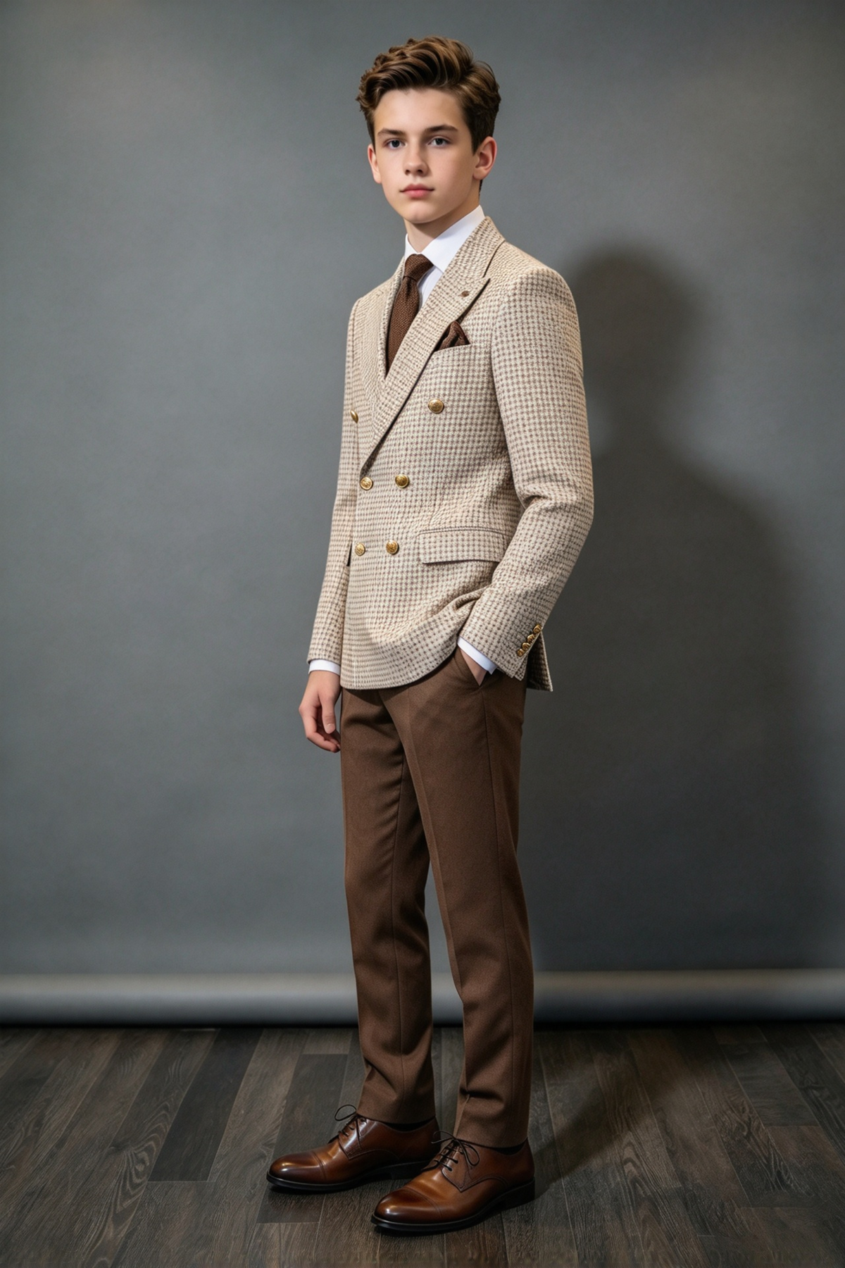 Beige & Brown Houndstooth Double Breasted Suit 2-Piece Set