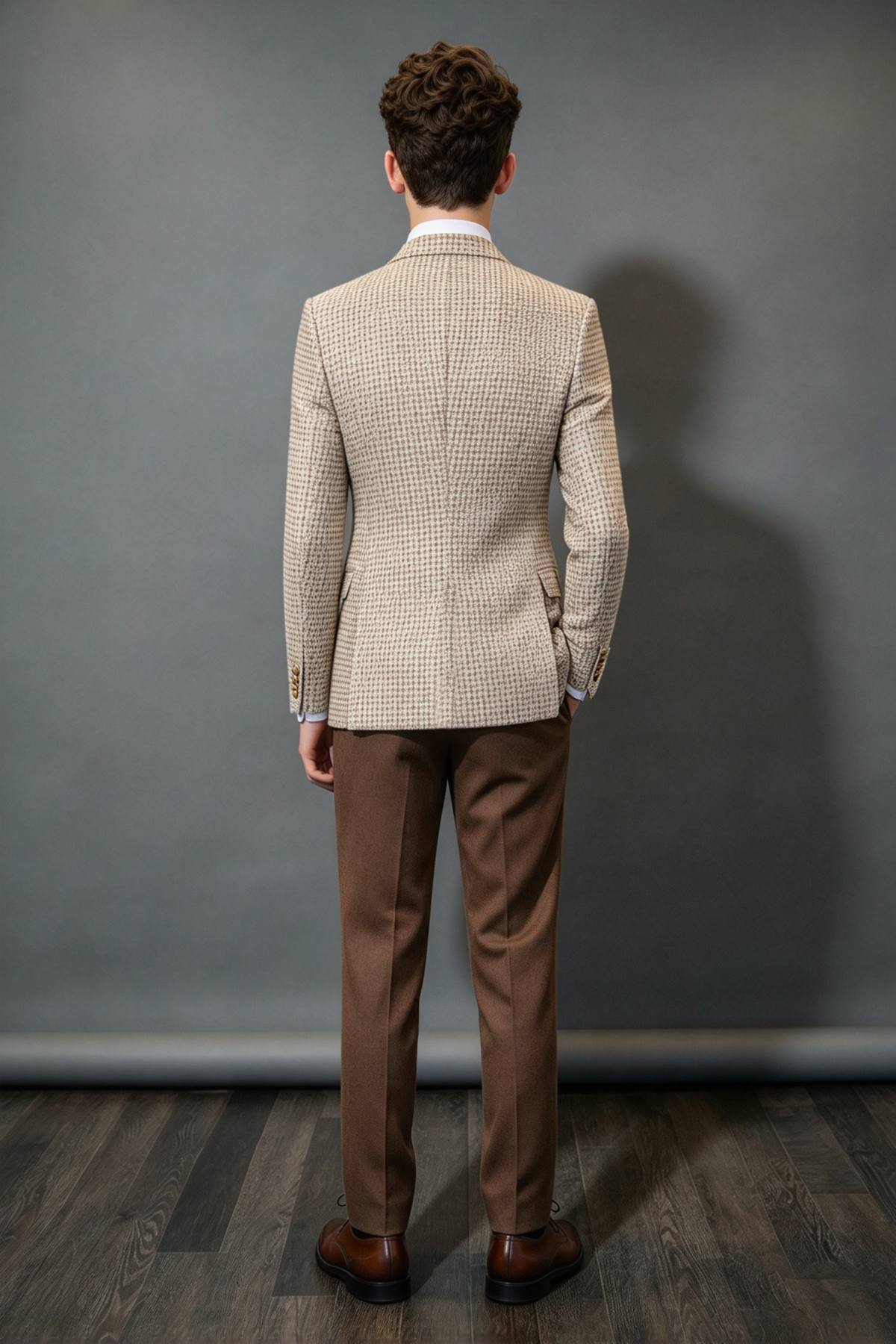 Beige & Brown Houndstooth Double Breasted Suit 2-Piece Set