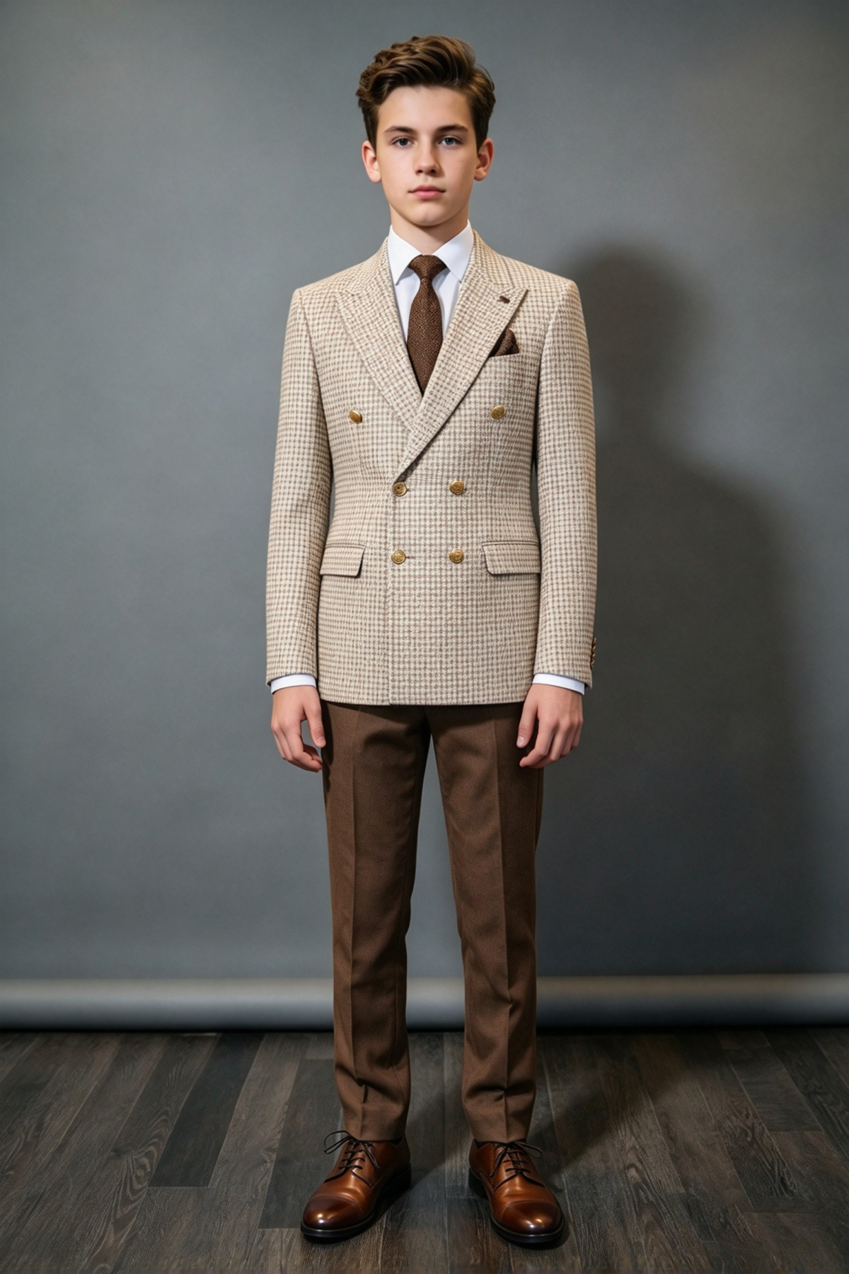 Beige & Brown Houndstooth Double Breasted Suit 2-Piece Set