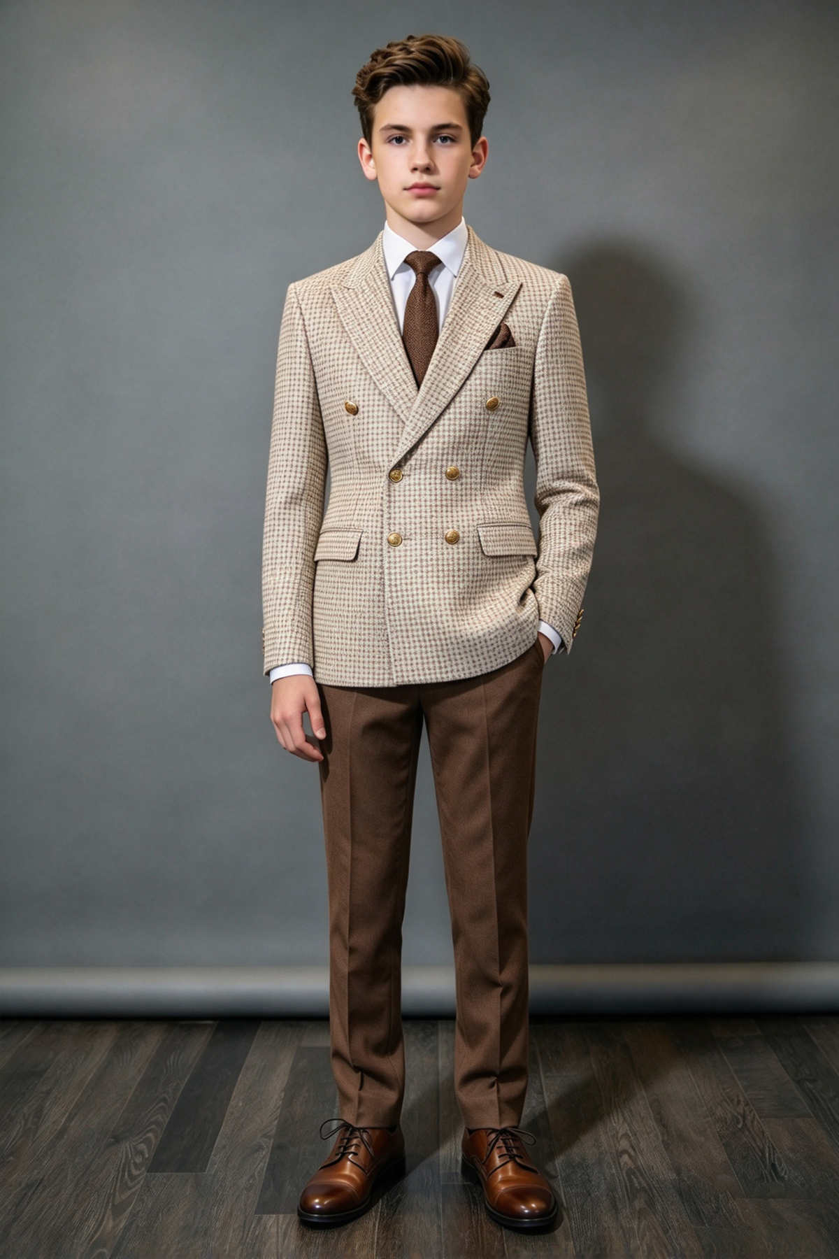 Beige & Brown Houndstooth Double Breasted Suit 2-Piece Set