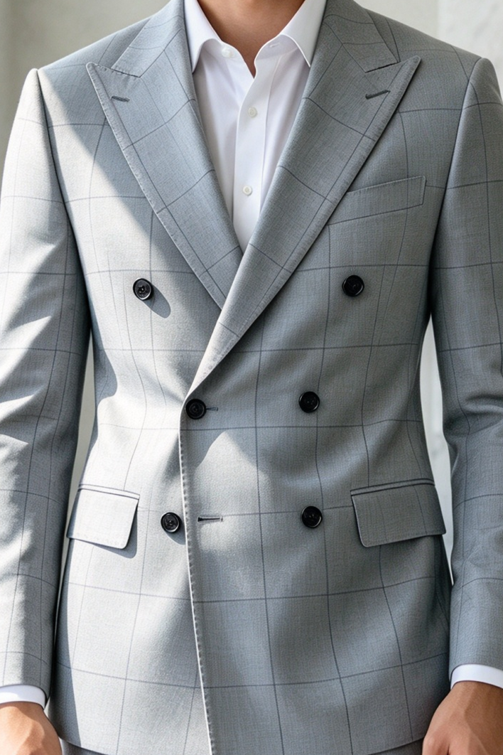 Light Grey Windowpane Check Double Breasted Suit 2-Piece Set