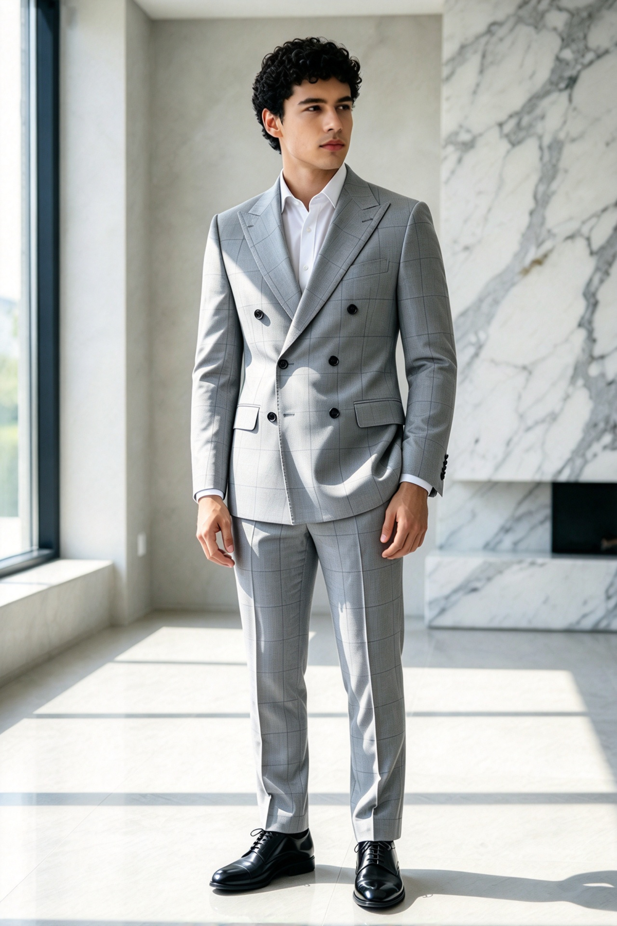 Light Grey Windowpane Check Double Breasted Suit 2-Piece Set