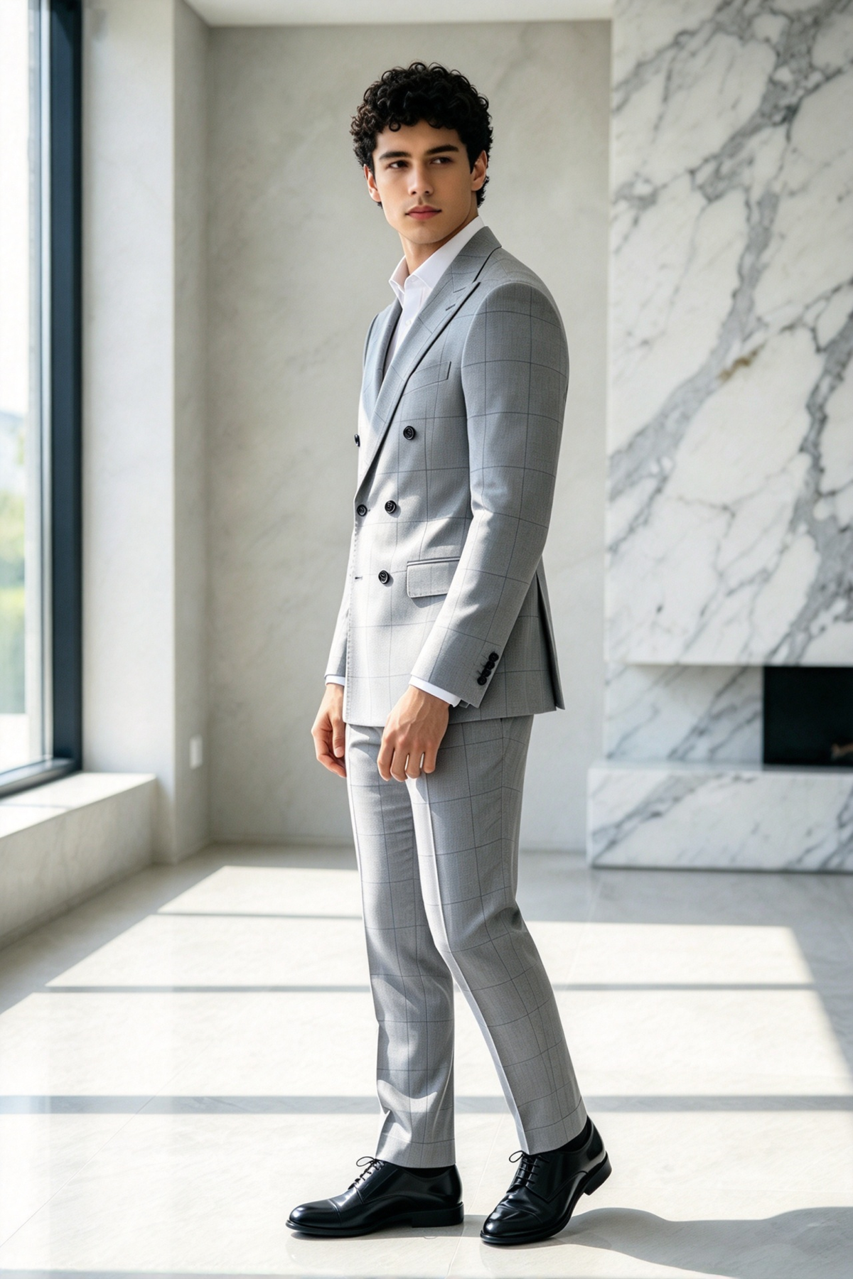 Light Grey Windowpane Check Double Breasted Suit 2-Piece Set