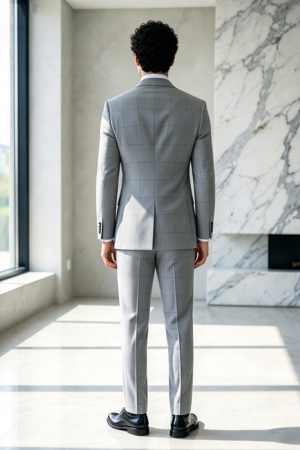 Light Grey Windowpane Check Double Breasted Suit 2-Piece Set