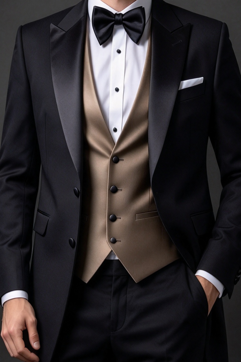 Black Tuxedo 3-Piece Suit with Light Brown Waistcoat