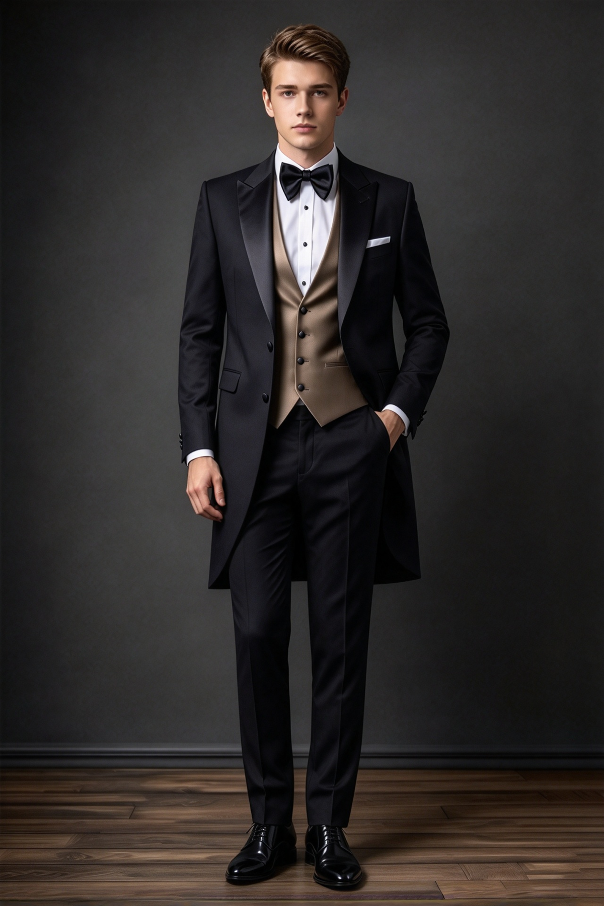 Black Tuxedo 3-Piece Suit with Light Brown Waistcoat